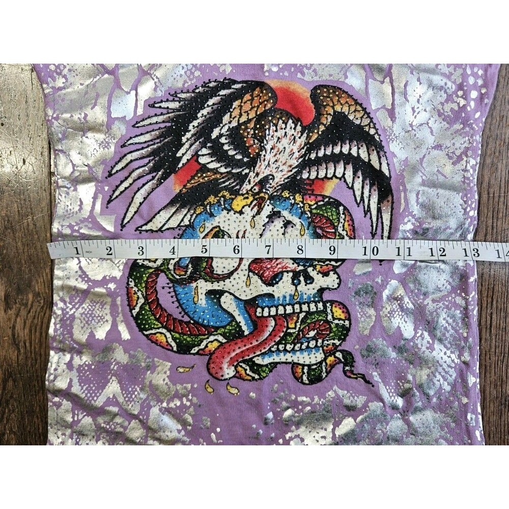 Vtg Y2K Ed Hardy Long T-Shirt Dress Womens S Purple Eagle Skull Snake READ - Picture 9 of 13